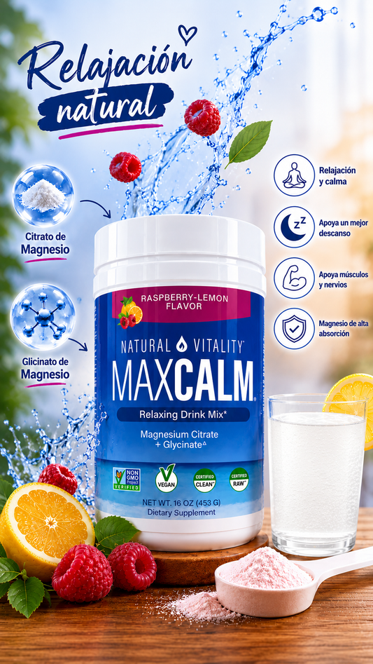 MAX CALM® Bebida Relajante de Magnesio Calma, descanso y bienestar en cada vaso.