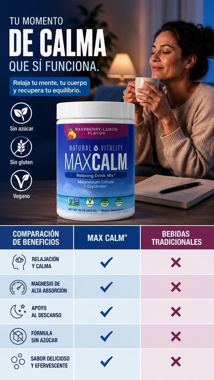 MAX CALM® Bebida Relajante de Magnesio Calma, descanso y bienestar en cada vaso.
