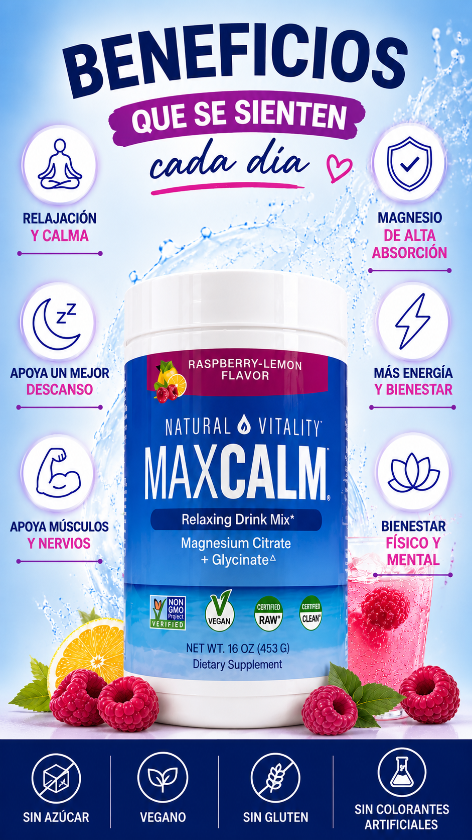 MAX CALM® Bebida Relajante de Magnesio Calma, descanso y bienestar en cada vaso.