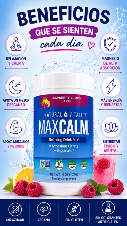 MAX CALM® Bebida Relajante de Magnesio Calma, descanso y bienestar en cada vaso.